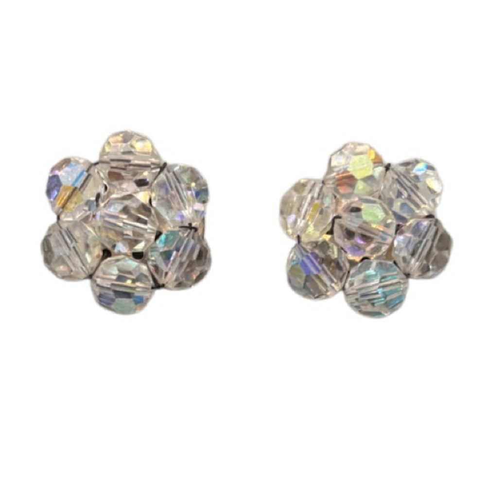 Vintage Earrings Aurora Borealis Crystal Beaded Flowers Clip On 50s 60s Jewelry - Picture 12 of 16